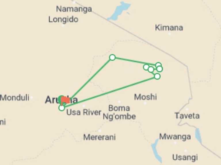 Map of 7-Day Arusha Tour with 8 destination visits for the trip: Kilimanjaro - Rongai route, 7 days