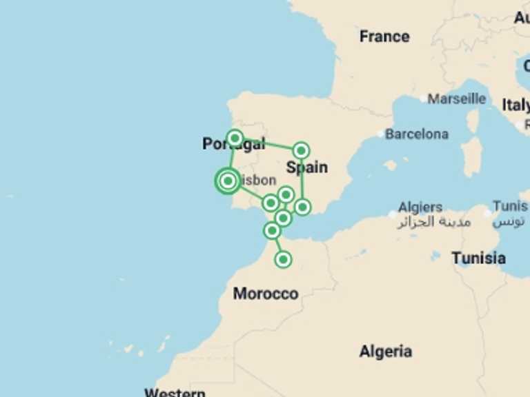 Map of Europe Tour with 9 destination visits for the trip: Lisbon to Morocco, Madrid & Porto - 13 days