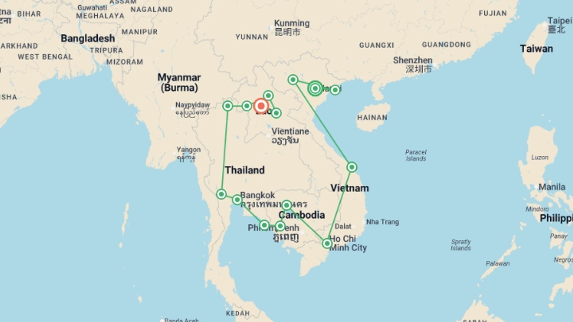 A map showing the tour itinerary for the trip: Southeast Asia Immersion: Vietnam, Cambodia, Thailand & Laos, starting in Hanoi, Vietnam and ending in Luang Prabang, Laos going through 13 other destinations.