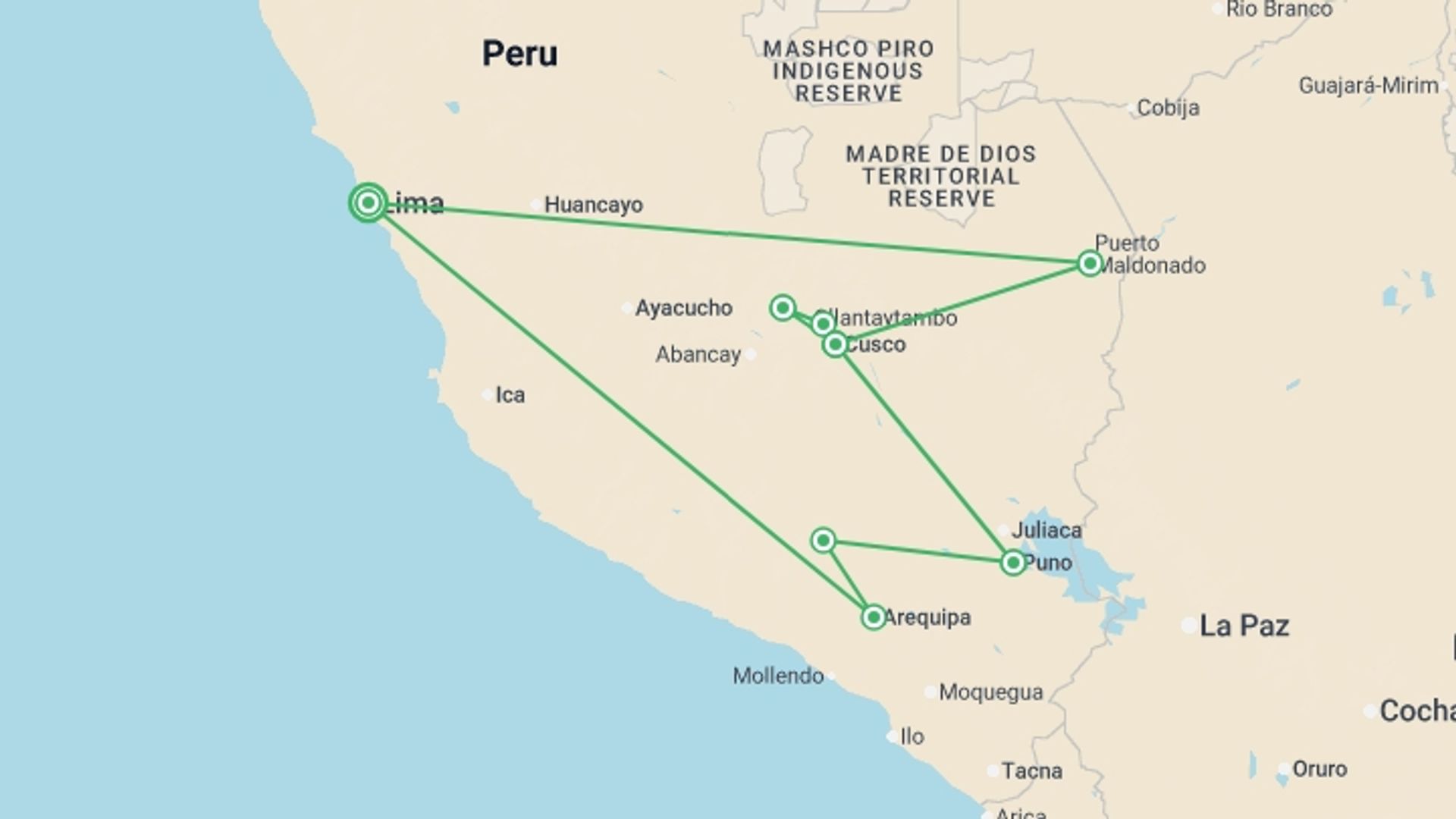 A map showing the tour itinerary for the trip: Peru Uncovered, starting in Lima, Peru and ending in Lima, Peru going through 7 other destinations.