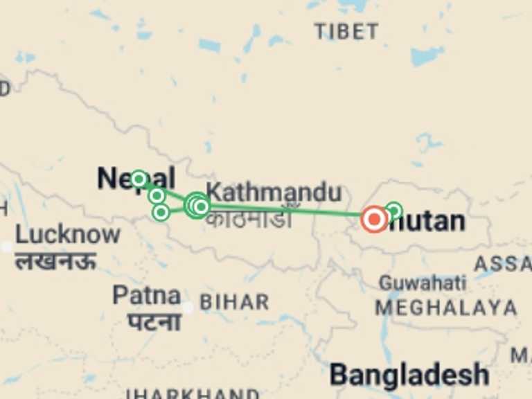 Map itinerary of South Asia Tour in March 2026 with 8 destination visits for the trip: Nepal & Bhutan Journey