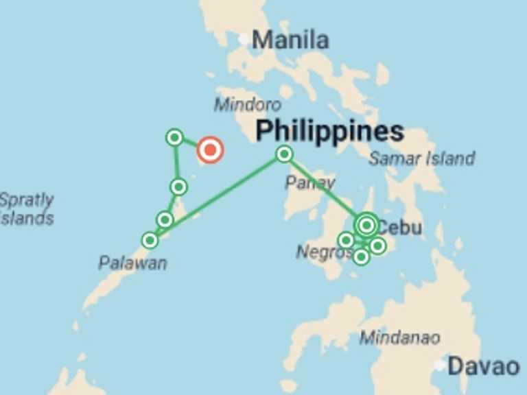 Map itinerary of Asia Tour in May 2027 with 11 destination visits for the trip: Ultimate Philippines Island Hopping