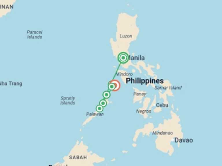 Map of Philippines Tour with 7 destination visits for the trip: Perfect Palawan & Coron - 14 days