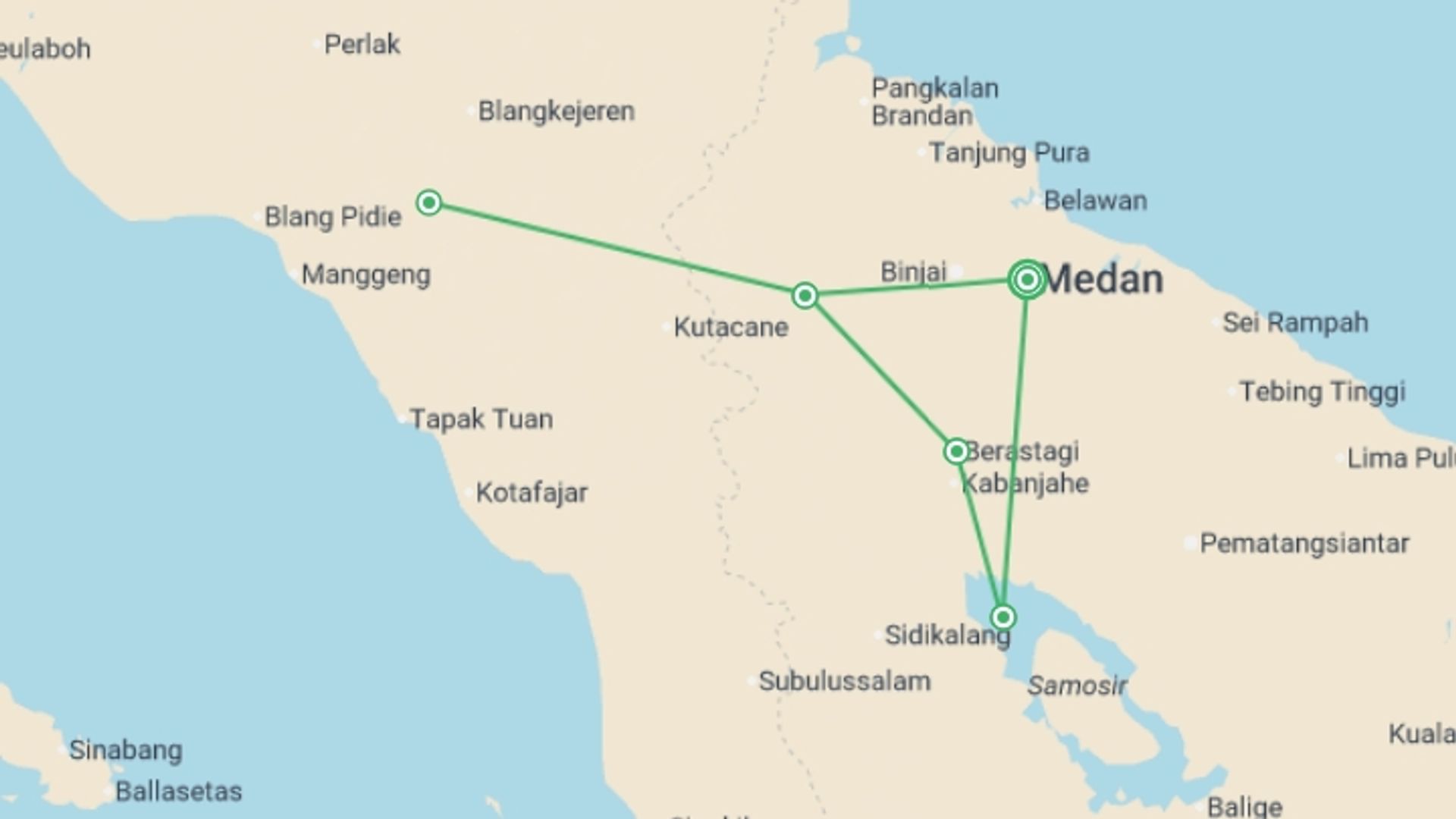 A map showing the tour itinerary for the trip: Sumatra Adventure, starting in Medan, Indonesia and ending in Medan, Indonesia going through 4 other destinations.