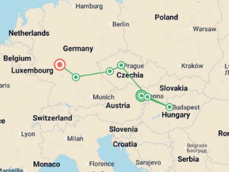Map of Austria and Czech Republic Tour with 4 destination visits for the trip: A Piece of Europe AR