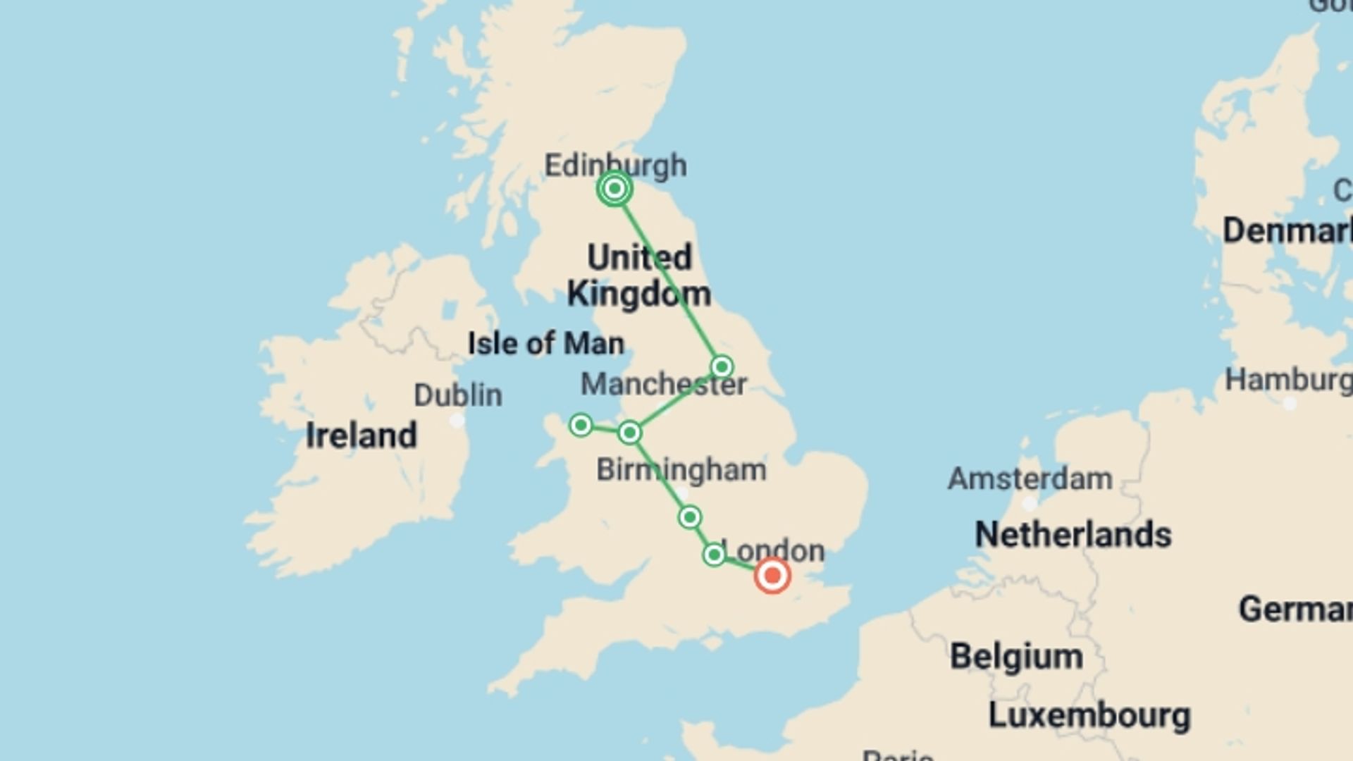 A map showing the tour itinerary for the trip: British Landscapes featuring England, Scotland and Wales, starting in Edinburgh, Scotland and ending in London, England going through 0 other destinations.