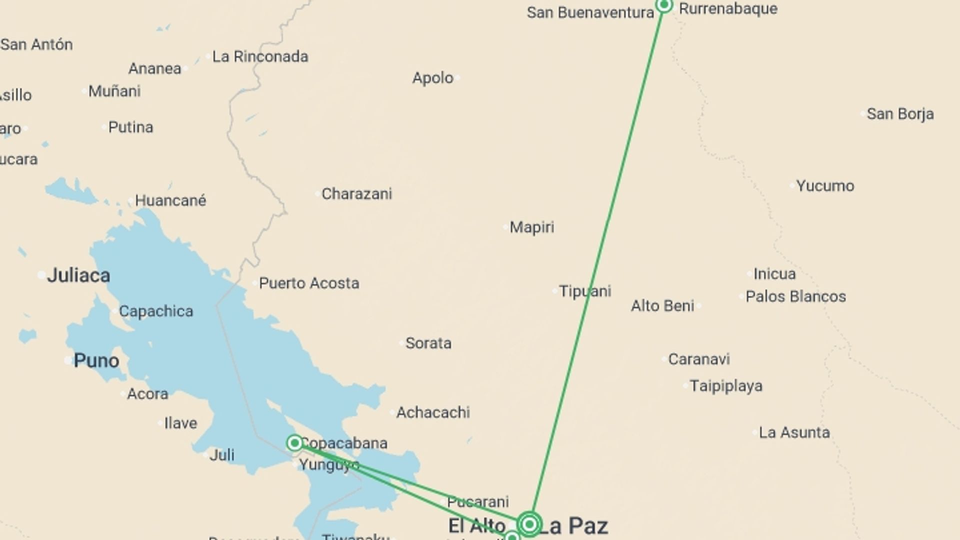 A map showing the tour itinerary for the trip: Bolivia: See & Experience it all in 10 days, Luxury Tour, starting in La Paz, Bolivia and ending in La Paz, Bolivia going through 3 other destinations.
