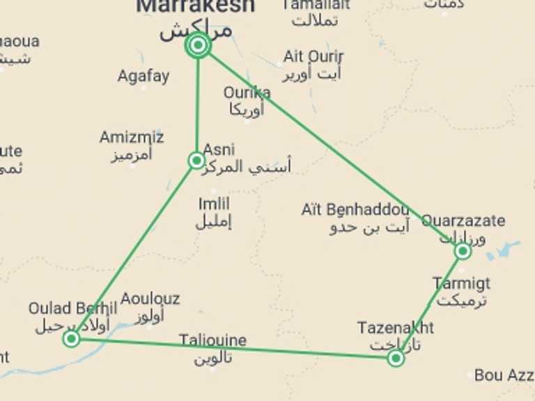 Map of 6-Day Marrakech Tour with 4 destination visits for the trip: Ouarzazate & High Atlas, Private Tour