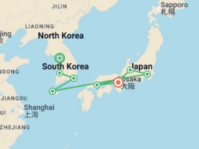 Map itinerary of Asia Tour in April 2027 with 9 destination visits for the trip: Seoul to Osaka: Beaches & Big Cities