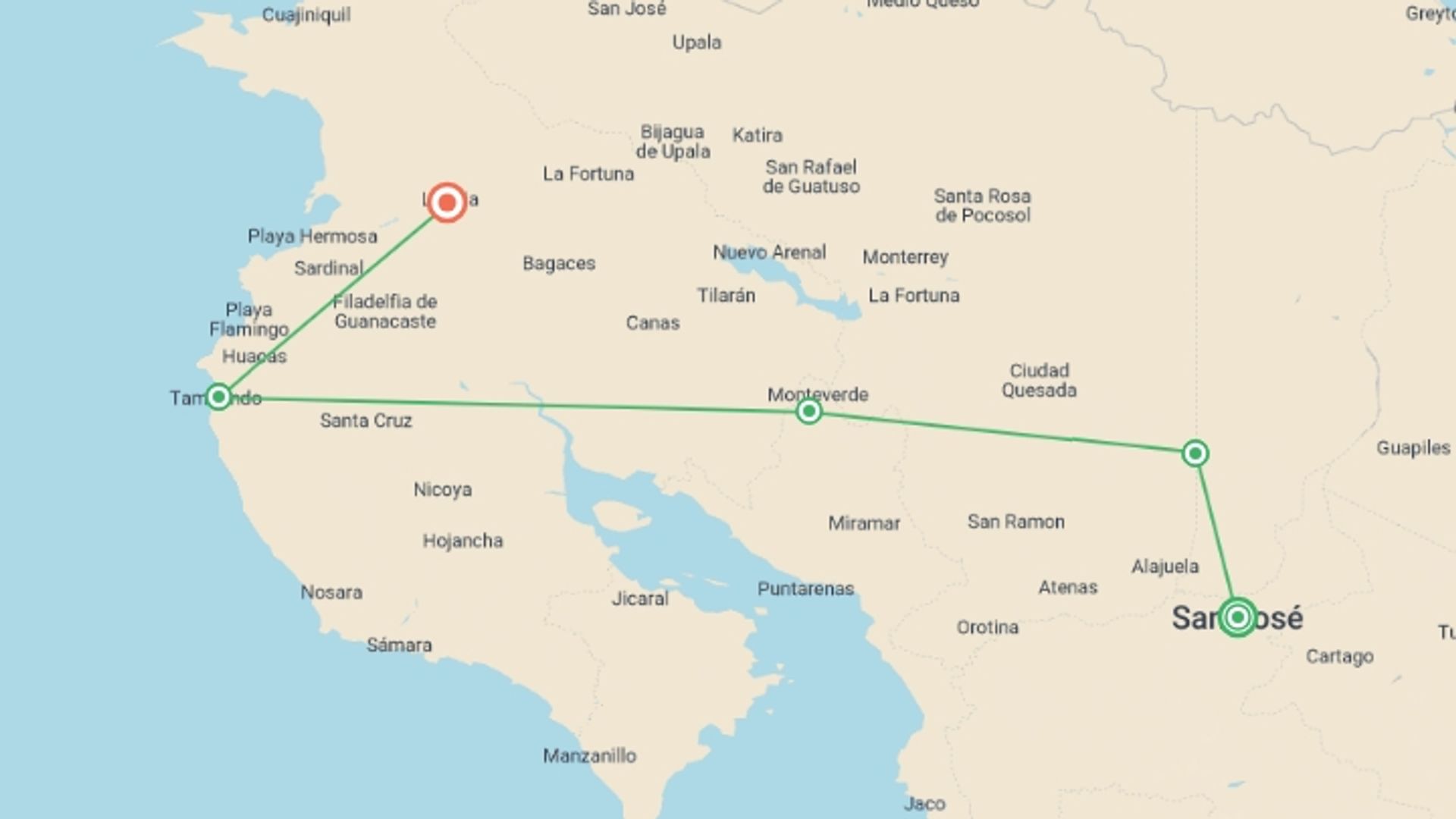 A map showing the tour itinerary for the trip: Exclusive Family Expedition in Paradise, starting in San Jose, Costa Rica and ending in Guanacaste, Costa Rica going through 6 other destinations.
