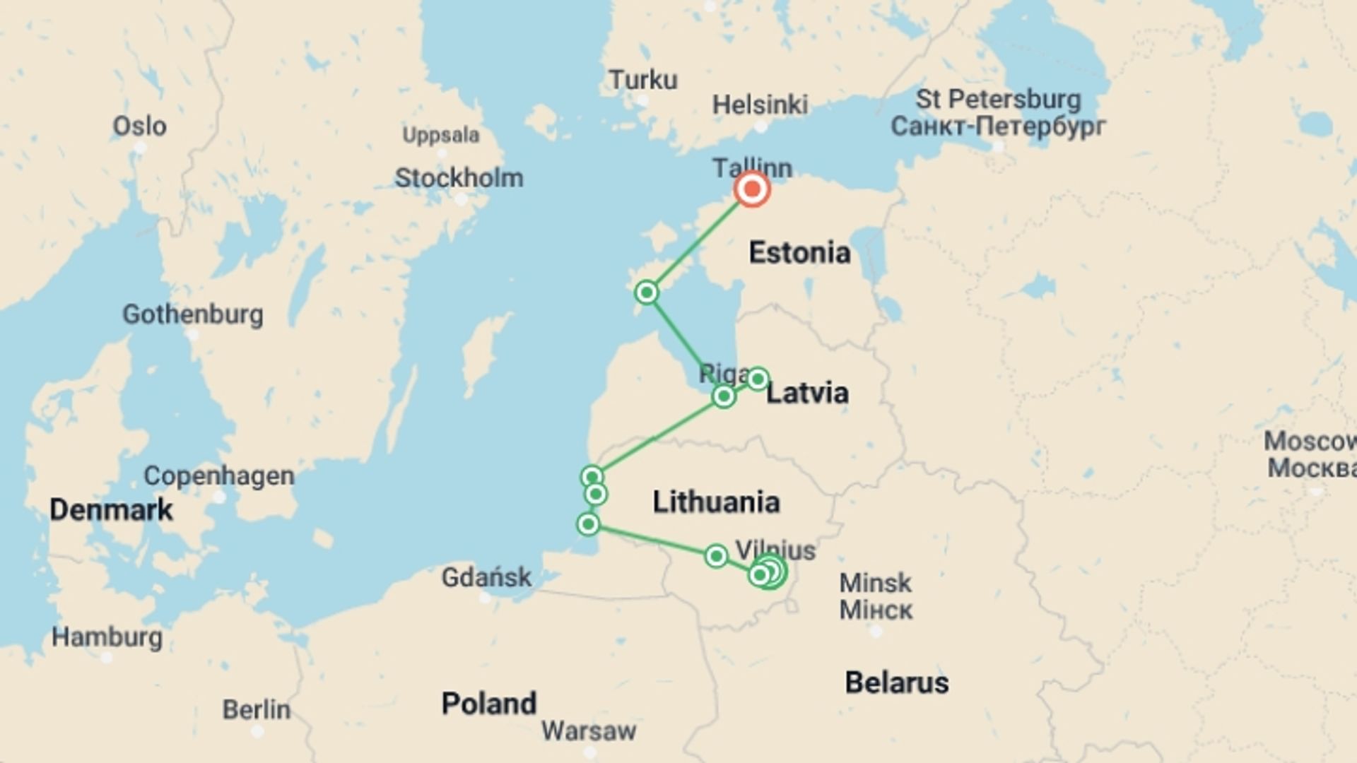 A map showing the tour itinerary for the trip: Treasures of the Baltics Self Guided, starting in Vilnius, Lithuania and ending in Tallinn, Estonia going through 5 other destinations.