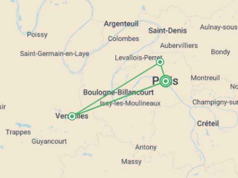 Map itinerary of Paris Tour in February 2027 with 3 destination visits for the trip: Spotlight on Paris 