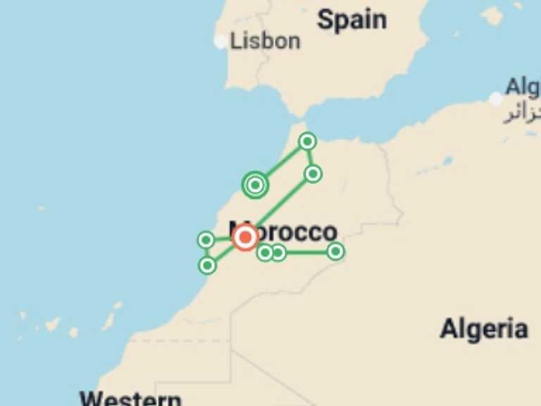 Map itinerary of Africa Tour in October 2026 with 9 destination visits for the trip: Morocco Adventure: Culture & Colour
