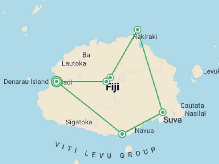Map of a Adventure and sport Tour with 6 destination visits for the trip: Fiji: Hike, Raft & Snorkel