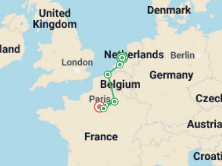 Map itinerary of Amsterdam Tour in March 2027 with 2 destination visits for the trip: Canals, Champagne & Culture: A Journey through the Netherlands, Belgium & France 