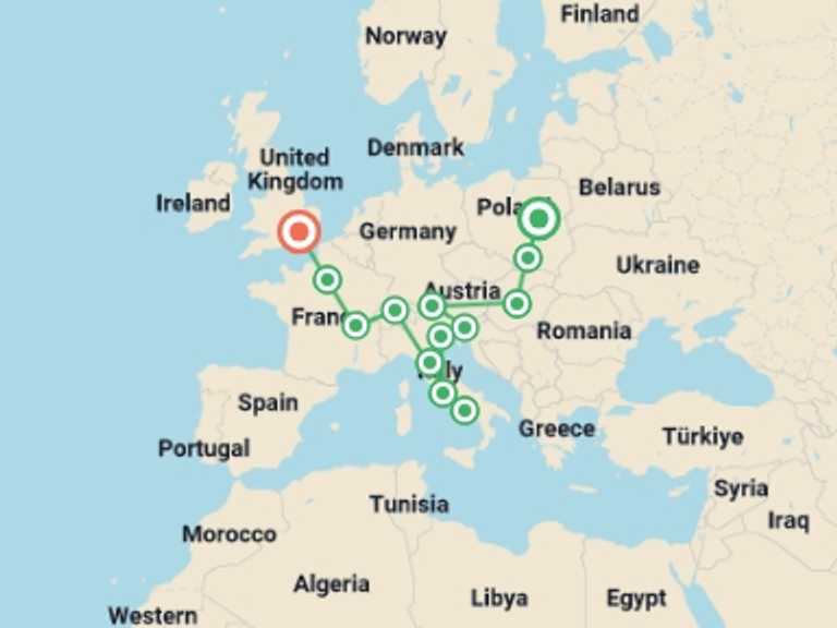 Map itinerary of London Tour in Winter with 13 destination visits for the trip: Warsaw to London Vistas