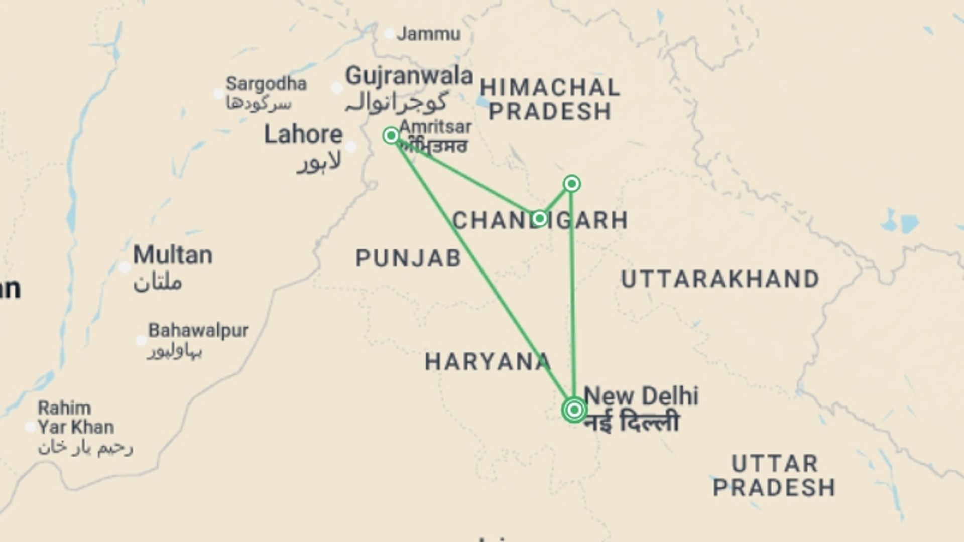 A map showing the tour itinerary for the trip: Shimla & Amritsar Highlights - 7 days, starting in New Delhi, India and ending in New Delhi, India going through 3 other destinations.