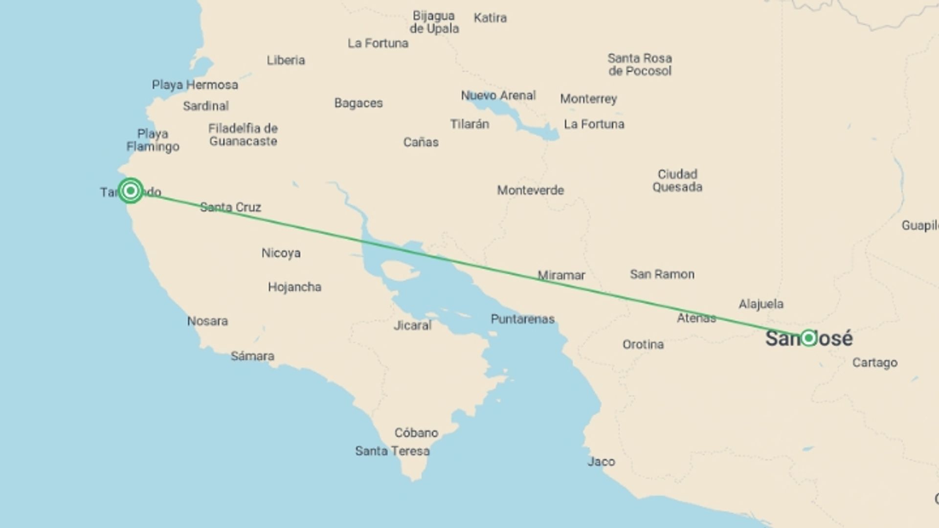 A map showing the tour itinerary for the trip: Fun In The Sun At Tamarindo Beach, Short Break, starting in Tamarindo Beach, Costa Rica and ending in Tamarindo Beach, Costa Rica going through 1 other destinations.