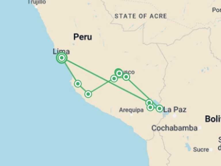 Map of Lima Tour with 13 destination visits for the trip: Inca Trail, Titicaca & Nazca