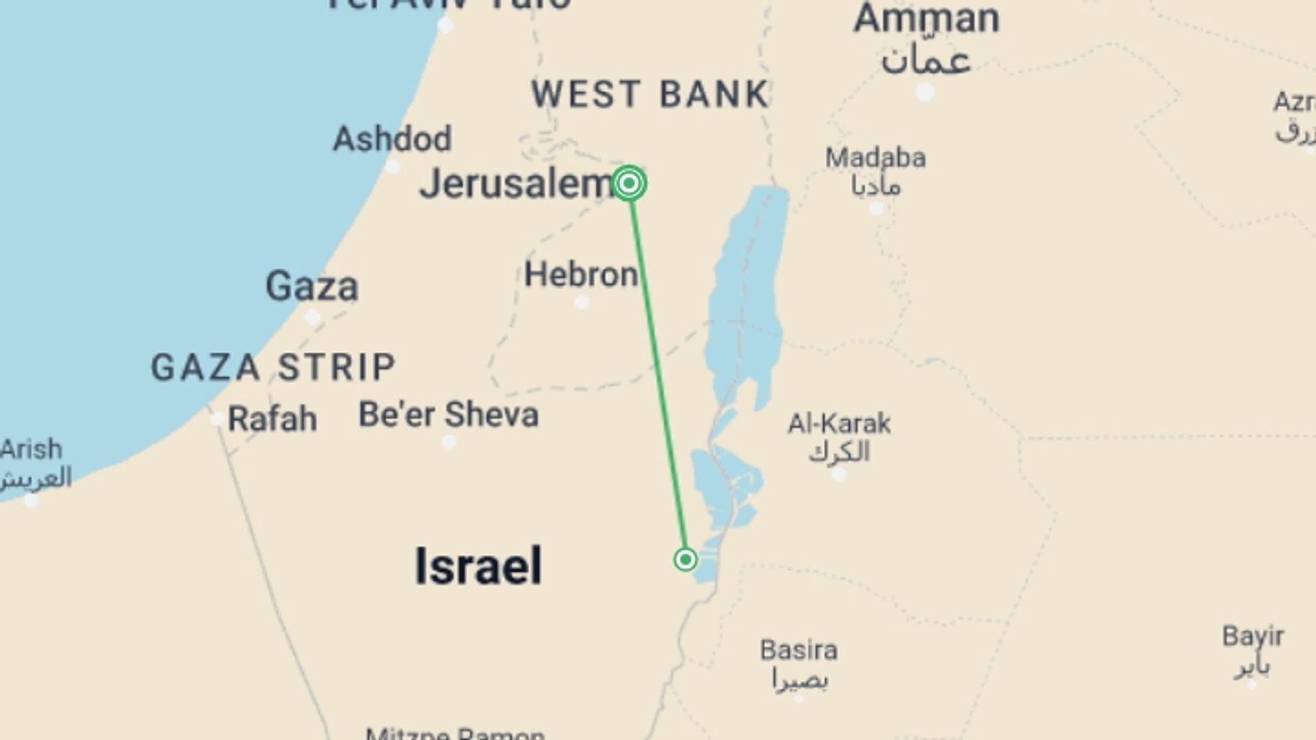 A map showing the tour itinerary for the trip: Jerusalem And Dead Sea Tour, 3 Days From Tel Aviv, starting in Jerusalem, Israel and ending in Jerusalem, Israel going through 1 other destinations.