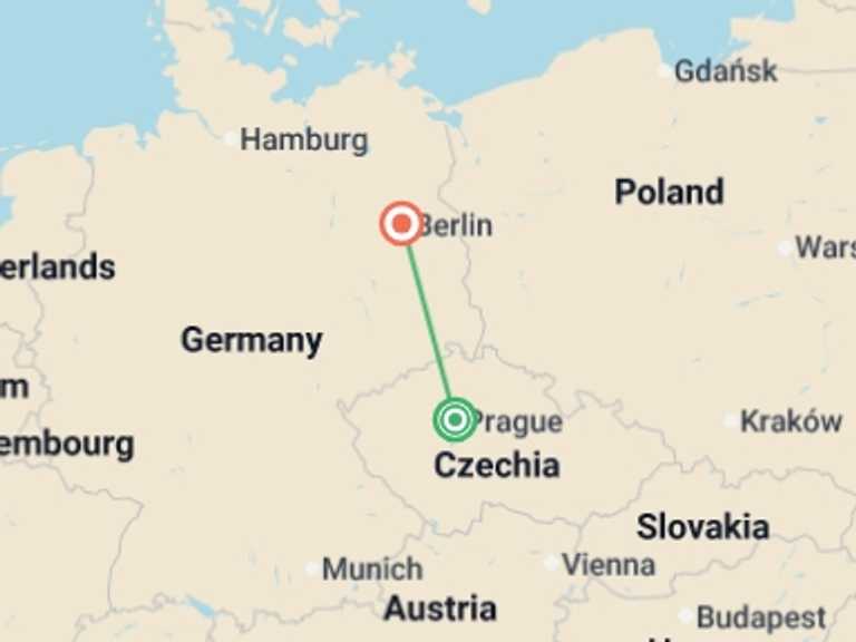 Map of Europe Tour with 2 destination visits for the trip: From Prague to Berlin
