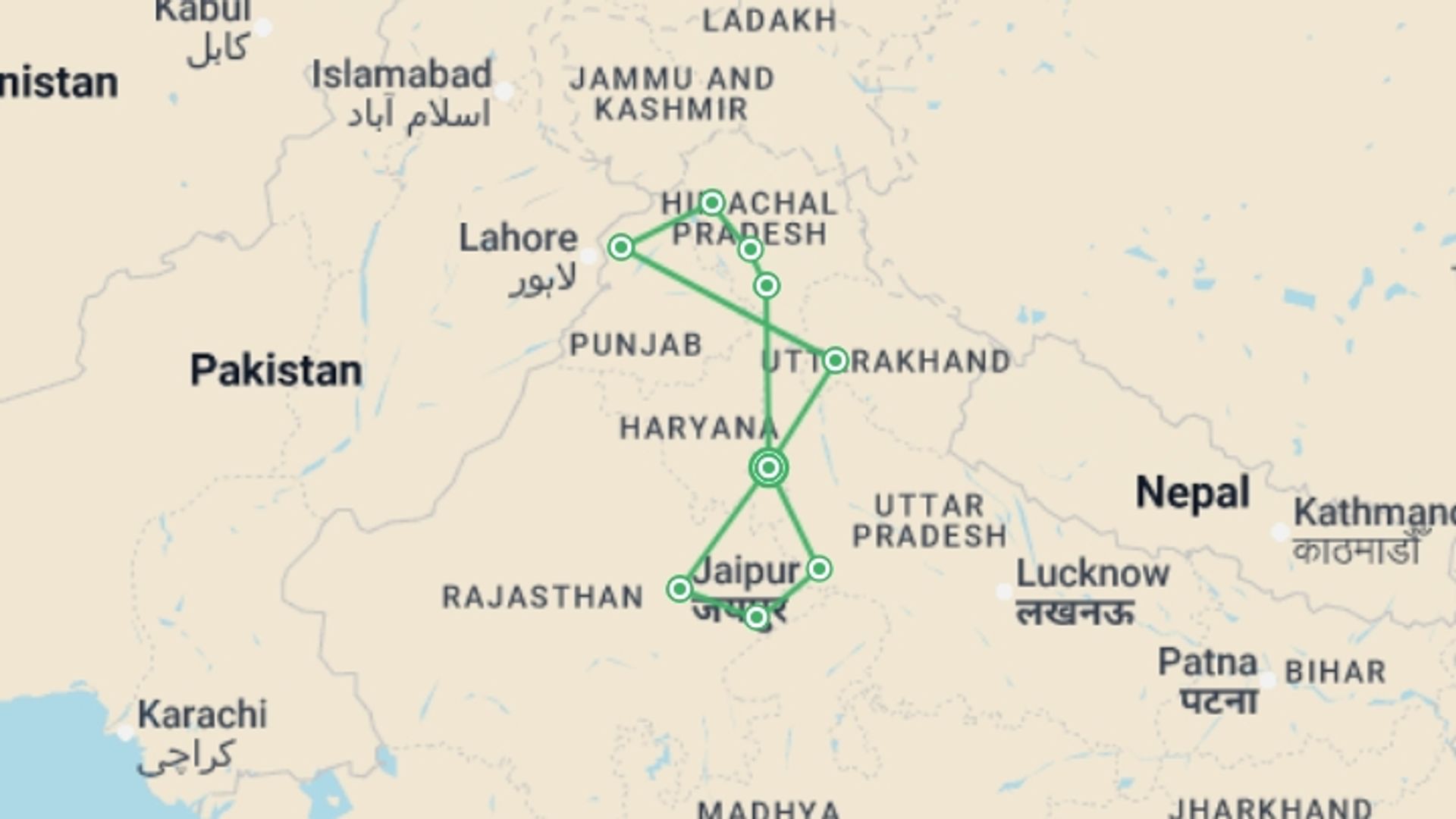 A map showing the tour itinerary for the trip: Best of India, starting in New Delhi, India and ending in New Delhi, India going through 8 other destinations.