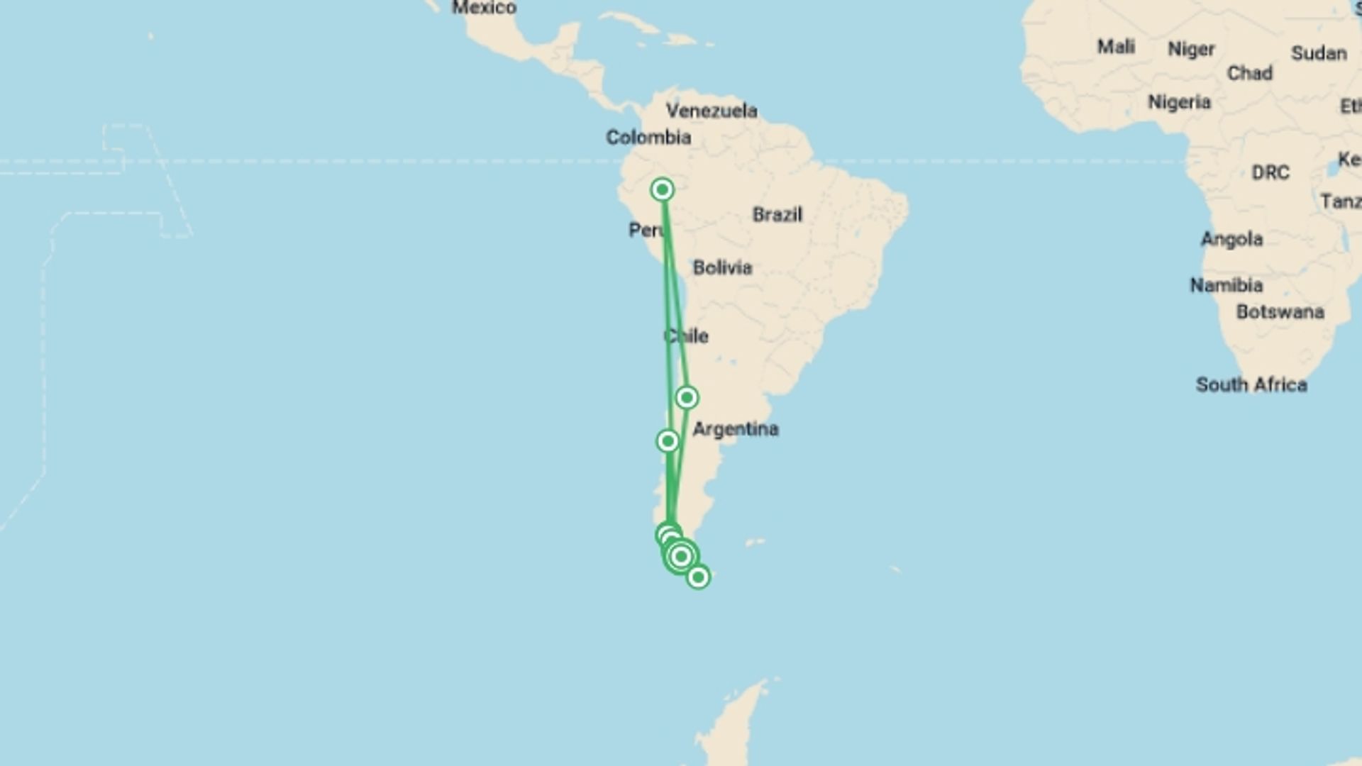 A map showing the tour itinerary for the trip: Paine O Trek & Navarino Trek, starting in Punta Arenas, Chile and ending in Punta Arenas, Chile going through 15 other destinations.