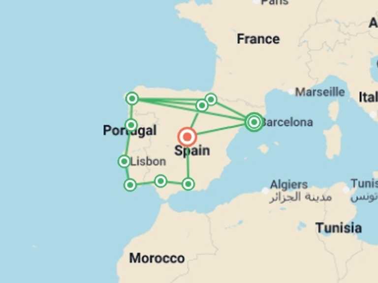 Map itinerary of Lisbon Tour in September 2027 with 10 destination visits for the trip: Classic Spain & Portugal