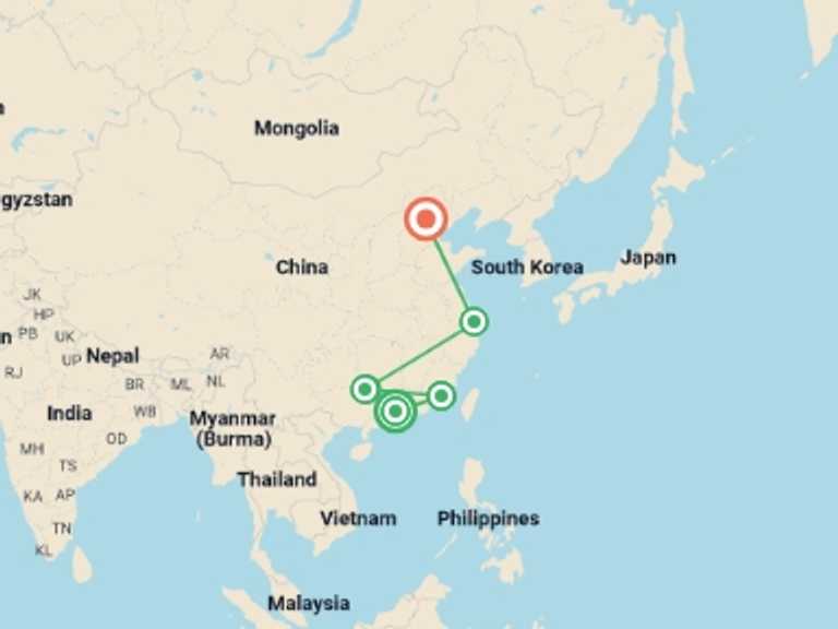 Map of East Asia Tour with 5 destination visits for the trip: China Explorer, Private Tour