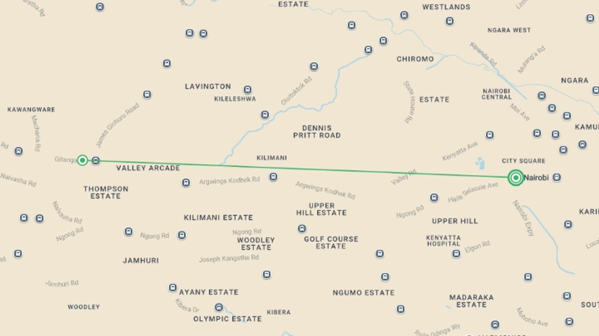A map showing the tour itinerary for the trip: 2Days Amboseli Luxury  Safari, starting in Nairobi, Kenya and ending in Nairobi, Kenya going through 2 other destinations.