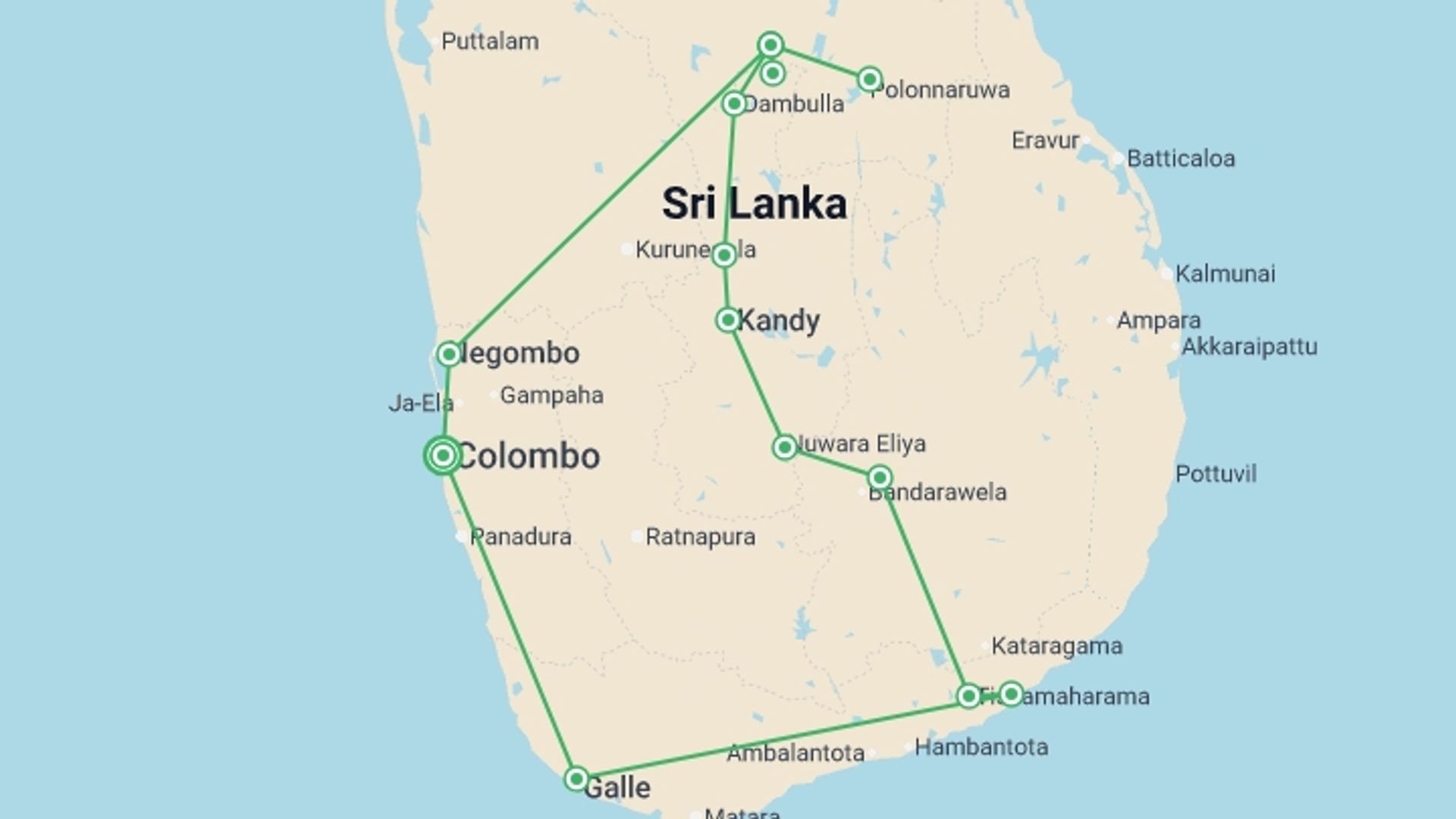 A map showing the tour itinerary for the trip: Sri Lanka, The Enchanted Island, Spanish-speaking Guide, starting in Colombo, Sri Lanka and ending in Colombo, Sri Lanka going through 4 other destinations.