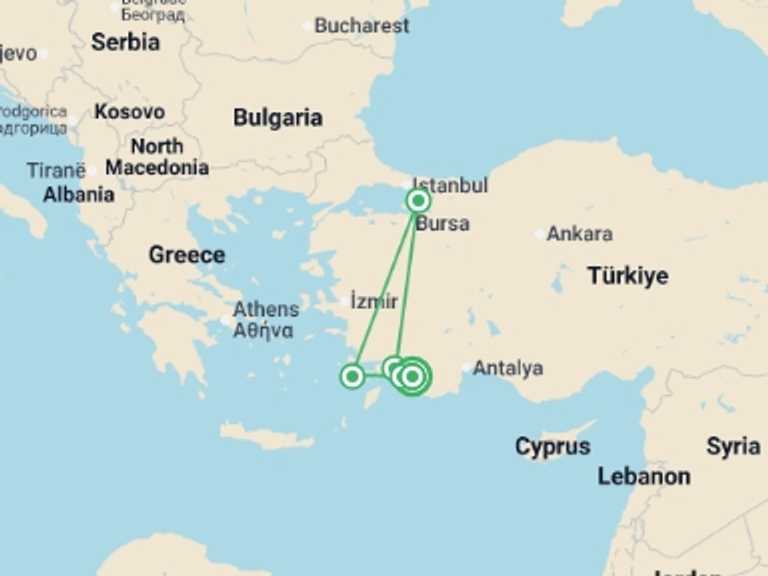 Map of Turkey Cruise Tour with 6 destination visits for the trip: Lycian Coast Boat & Bike