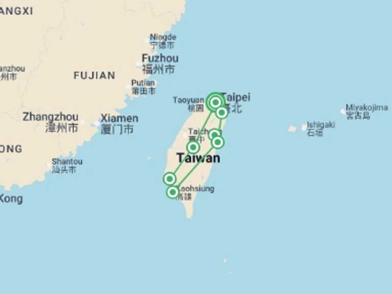 Map of Taiwan Tour with 6 destination visits for the trip: Essential Taiwan Adventure - 12 days 