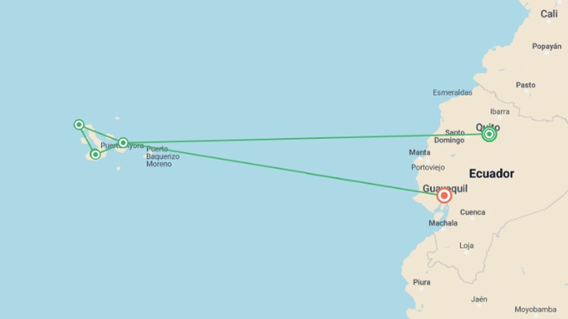 A map showing the tour itinerary for the trip: Nature and Culture in Ecuador, starting in Quito, Ecuador and ending in Guayaquil, Ecuador going through 4 other destinations.
