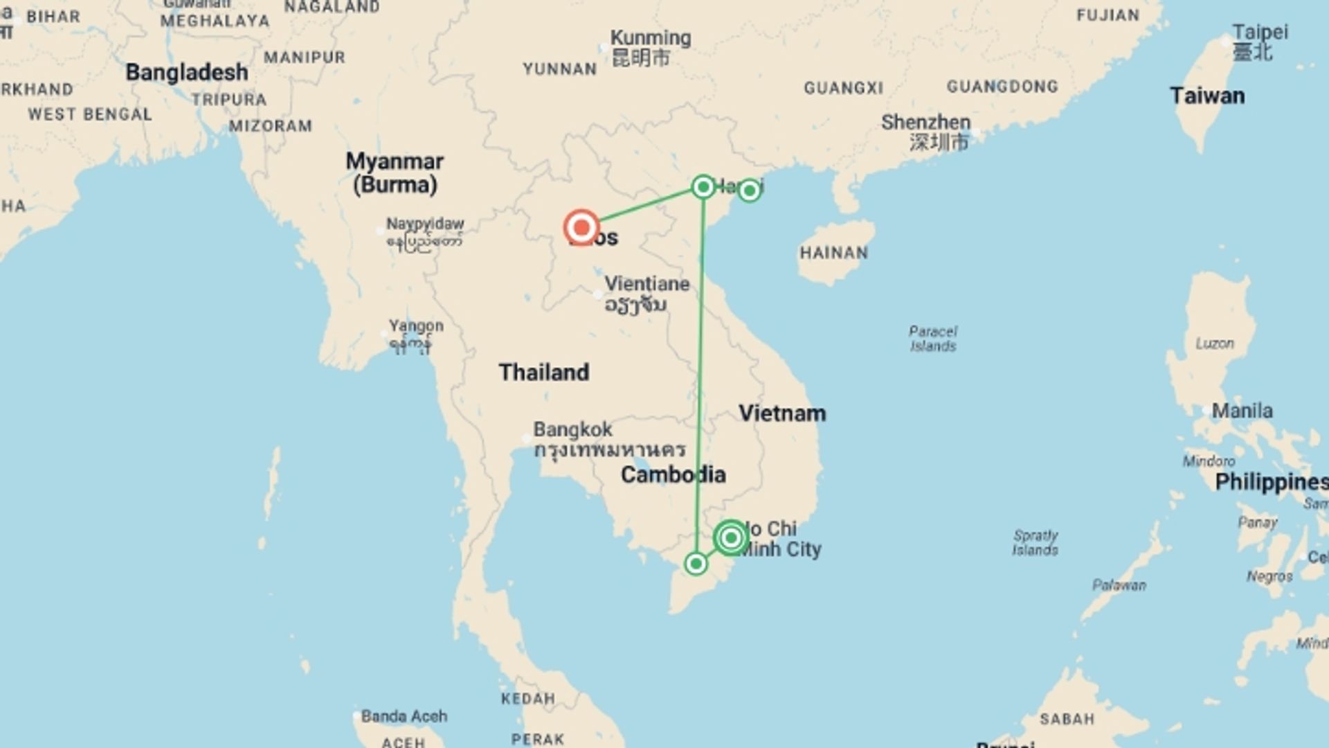 A map showing the tour itinerary for the trip: Vietnam & Laos Discovery - 8 days, starting in Ho Chi Minh City, Vietnam and ending in Luang Prabang, Laos going through 3 other destinations.