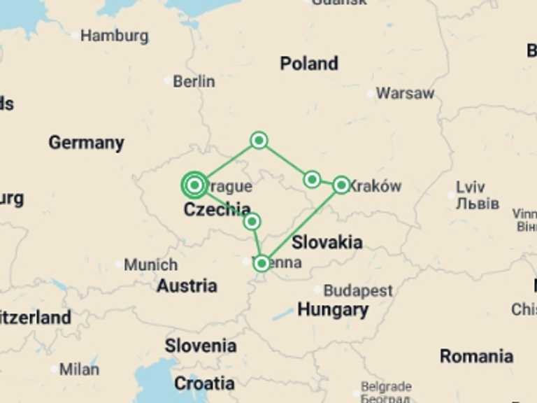 Map of Europe Tour with 4 destination visits for the trip: Czech Republic and Poland Highlights, Ending in Prague