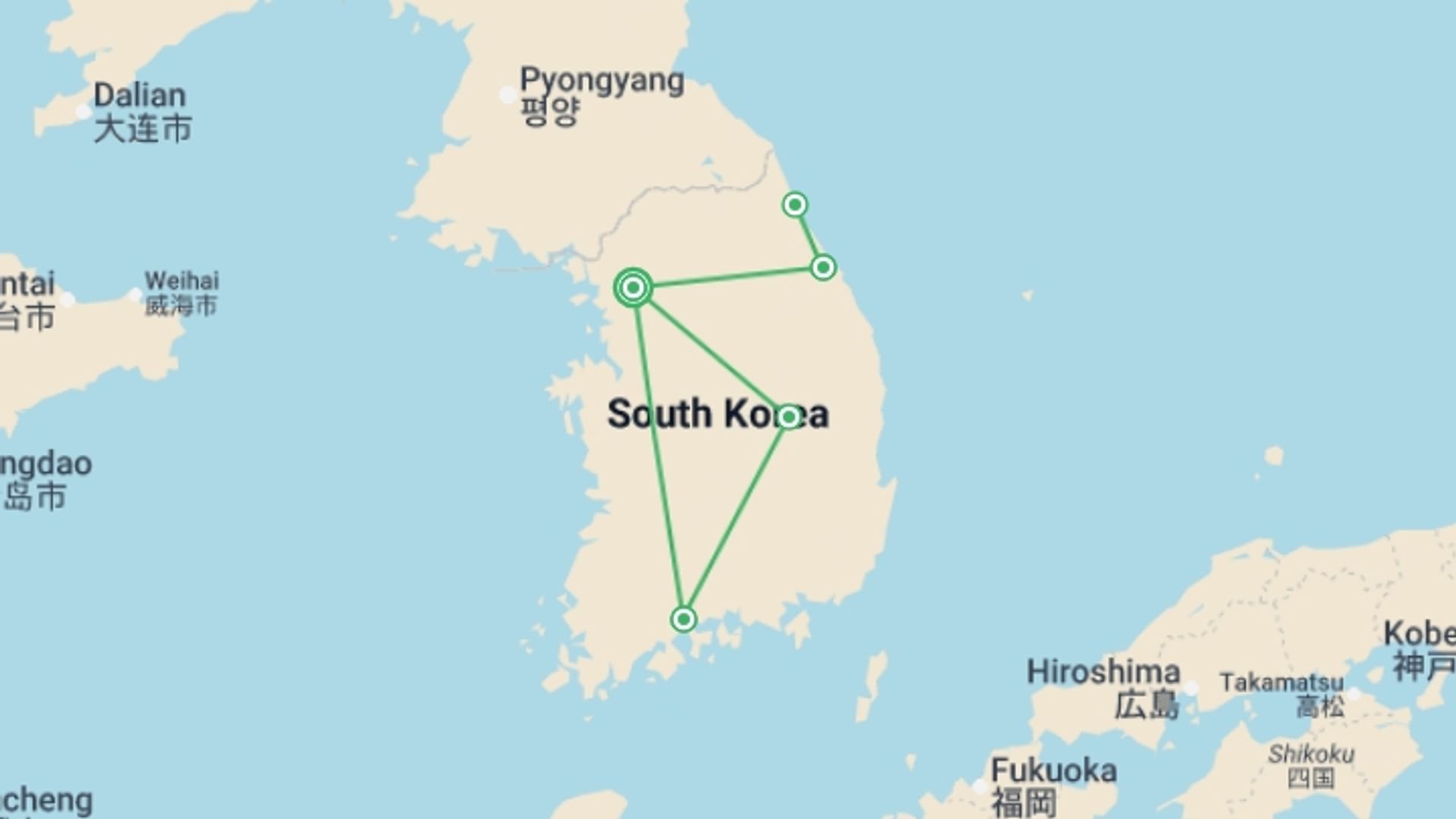 A map showing the tour itinerary for the trip: South Korea Highlights, starting in Seoul, South Korea and ending in Seoul, South Korea going through 3 other destinations.
