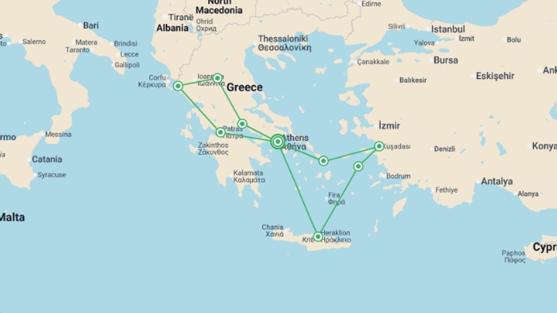 A map showing the tour itinerary for the trip: The Beautiful Aegean, Peloponnese and Northern Greece Ext, starting in Athens, Greece and ending in Athens, Greece going through 6 other destinations.