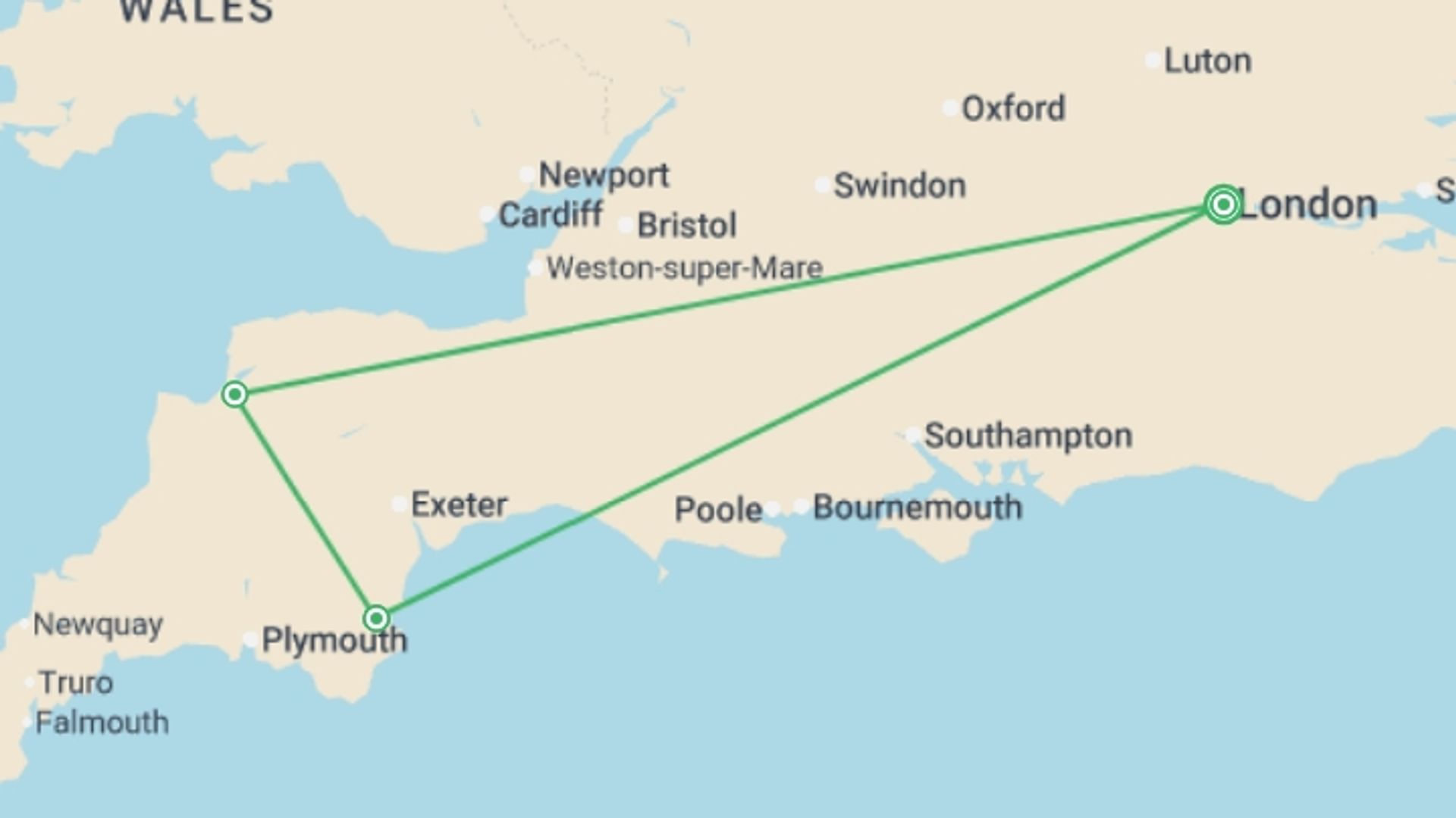 A map showing the tour itinerary for the trip: Best of Devon and Cornwall, starting in London, England and ending in London, England going through 2 other destinations.