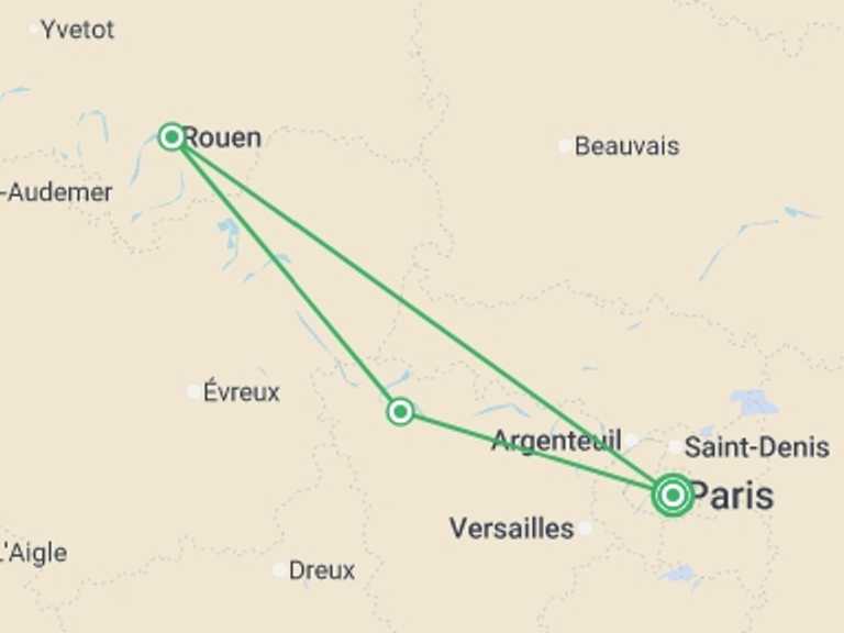 Map of France Tour with 3 destination visits for the trip: From Paris, the City of Light, to the shores of Normandy, a festive and gourmet cruise on the Seine aboard a paddlewheel boat (port-to-port cruise)