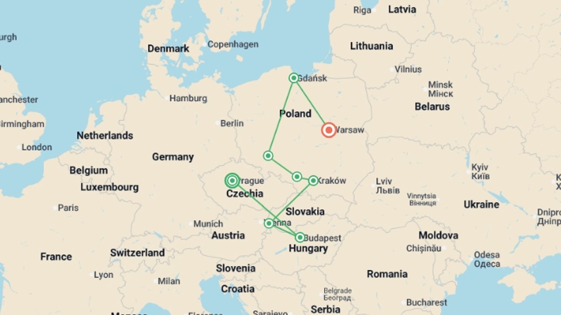 A map showing the tour itinerary for the trip: Czech Republic, Budapest, and Wonders of Poland, starting in Prague, Czech Republic and ending in Warsaw, Poland going through 5 other destinations.