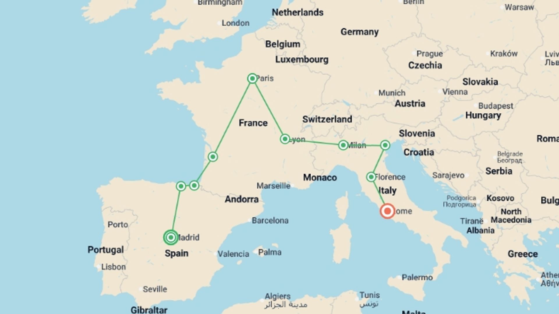 A map showing the tour itinerary for the trip: Madrid, Basque Country, Paris and Italy, starting in Madrid, Spain and ending in Rome, Italy going through 8 other destinations.