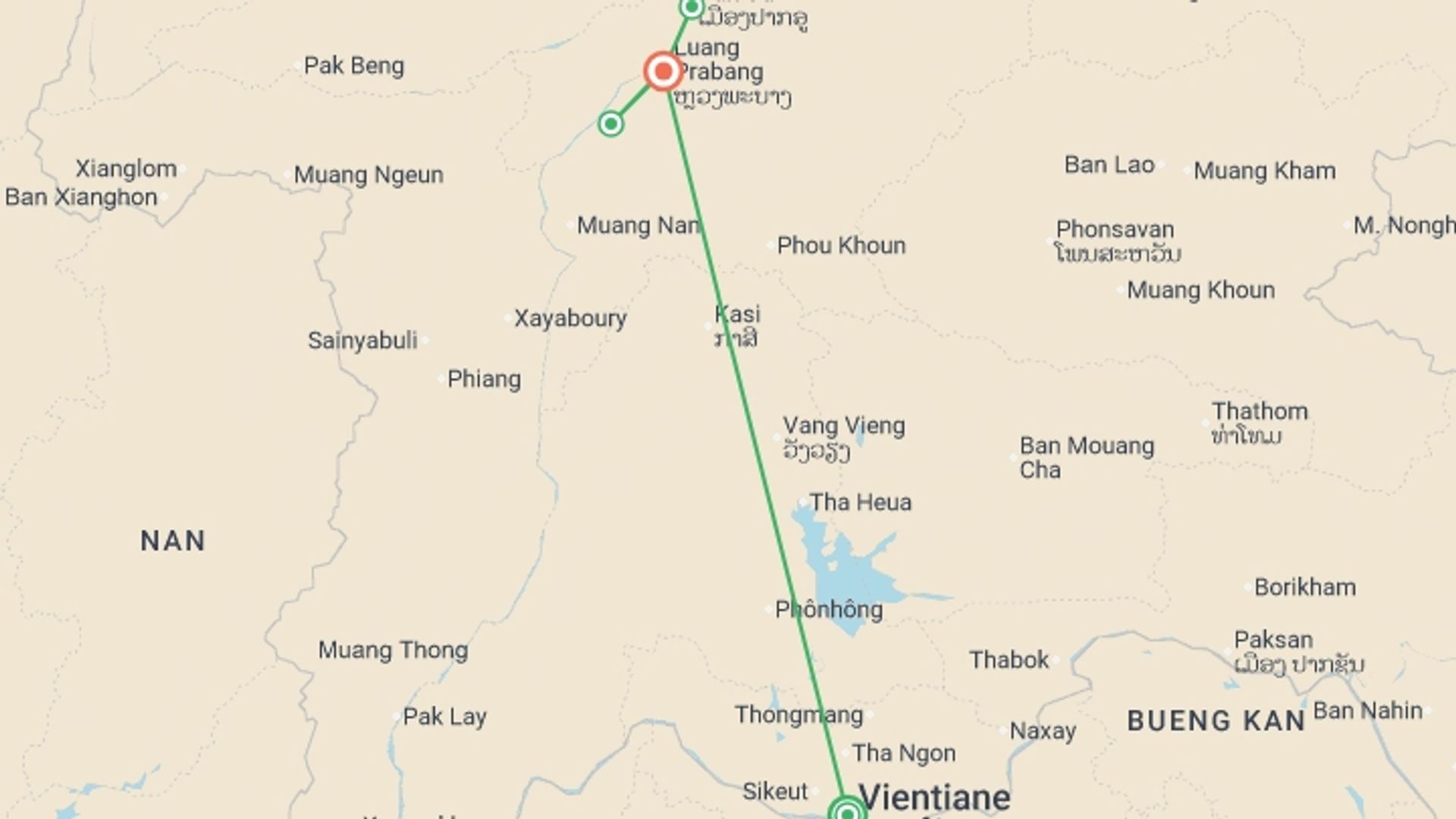 A map showing the tour itinerary for the trip: Classic Laos Premium Small Group Tour, starting in Vientiane, Laos and ending in Luang Prabang, Laos going through 0 other destinations.