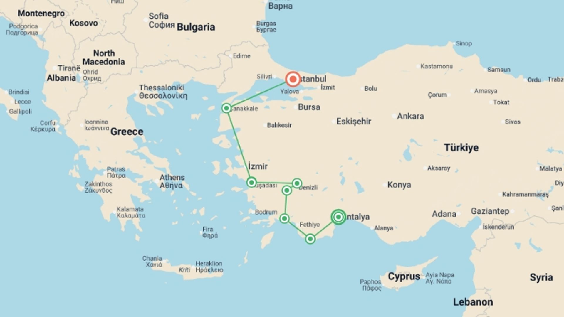 A map showing the tour itinerary for the trip: Upgraded - Discover Turkey, starting in Antalya, Turkey and ending in Istanbul, Turkey going through 6 other destinations.