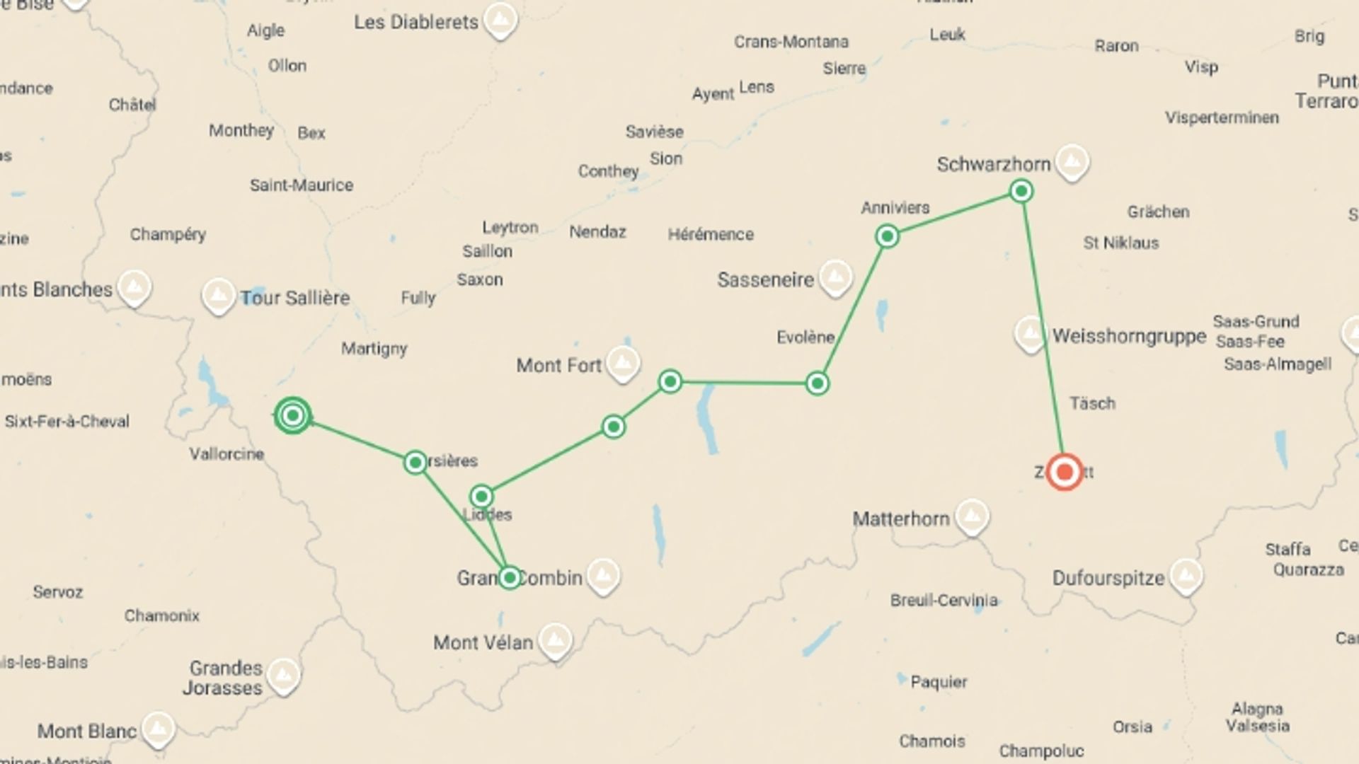 A map showing the tour itinerary for the trip: Chamonix to Zermatt Guided Hike, starting in Trient, Switzerland and ending in Zermatt, Switzerland going through 8 other destinations.