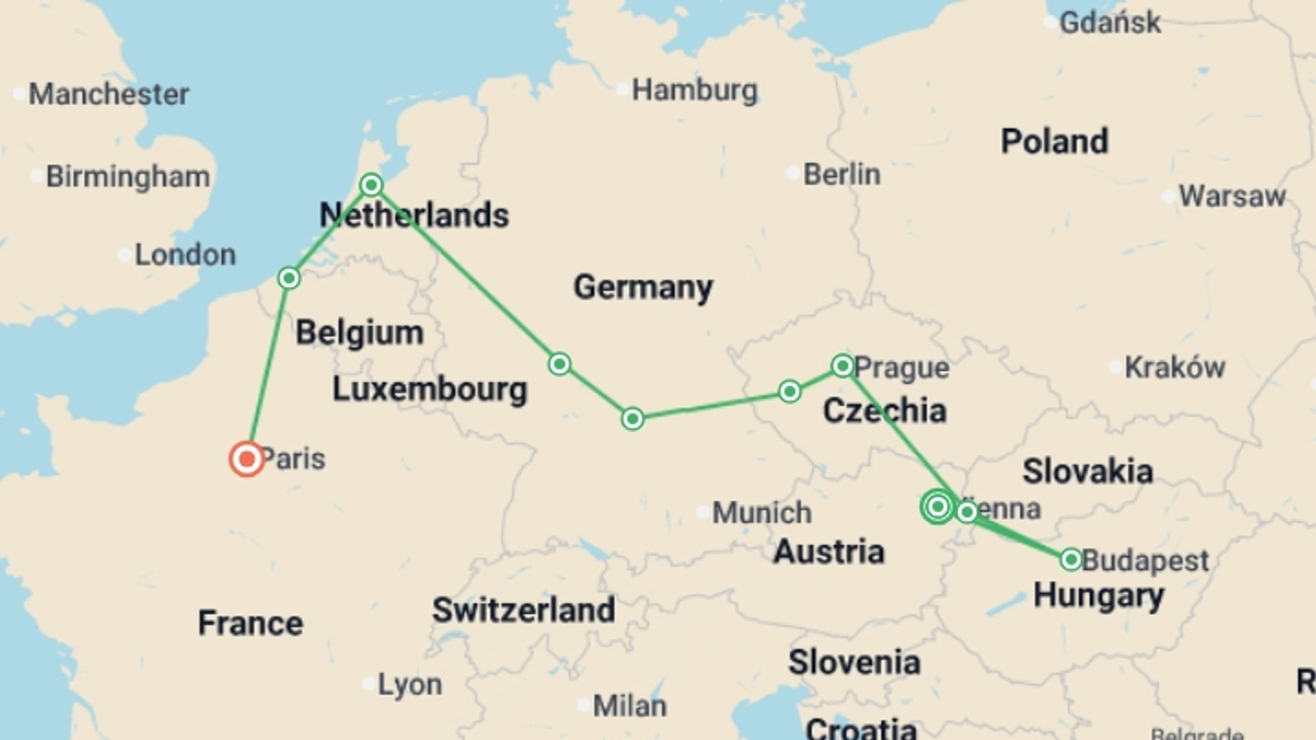 A map showing the tour itinerary for the trip: From East to West AR, starting in Vienna, Austria and ending in Paris, France going through 4 other destinations.