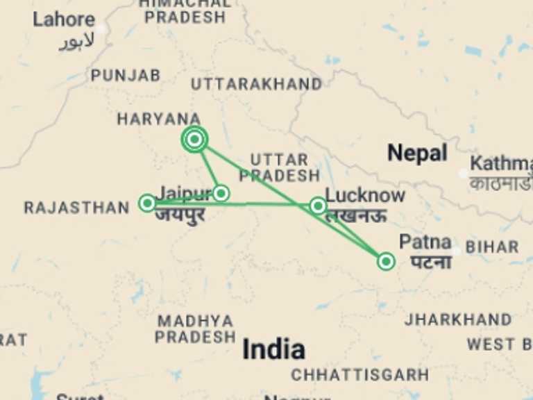 Map itinerary of India Tour in September 2027 with 5 destination visits for the trip: Premium India