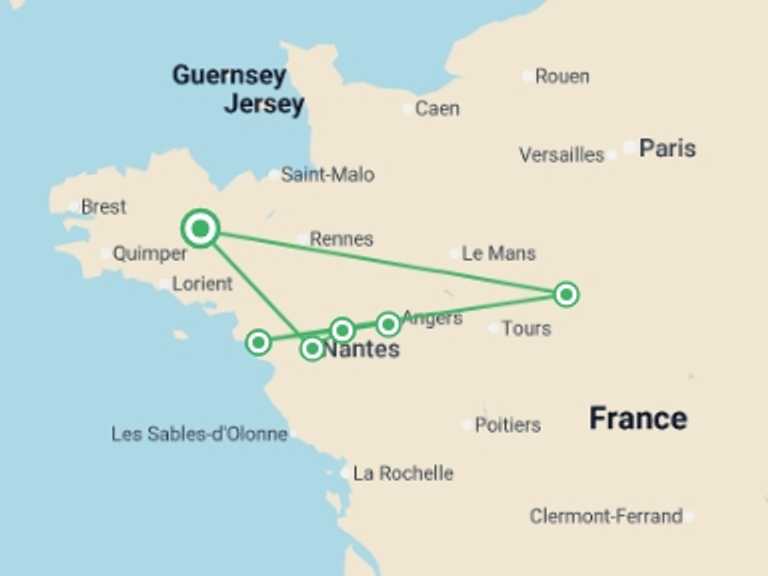 Map itinerary of France Tour in May 2026 with 6 destination visits for the trip: The Loire Valley, a Royal legacy (port-to-port cruise)
