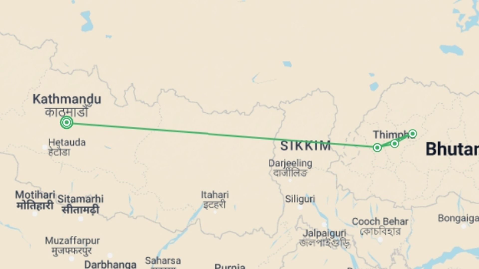 A map showing the tour itinerary for the trip: Nepal & Bhutan - 10 days, starting in Kathmandu, Nepal and ending in Kathmandu, Nepal going through 3 other destinations.