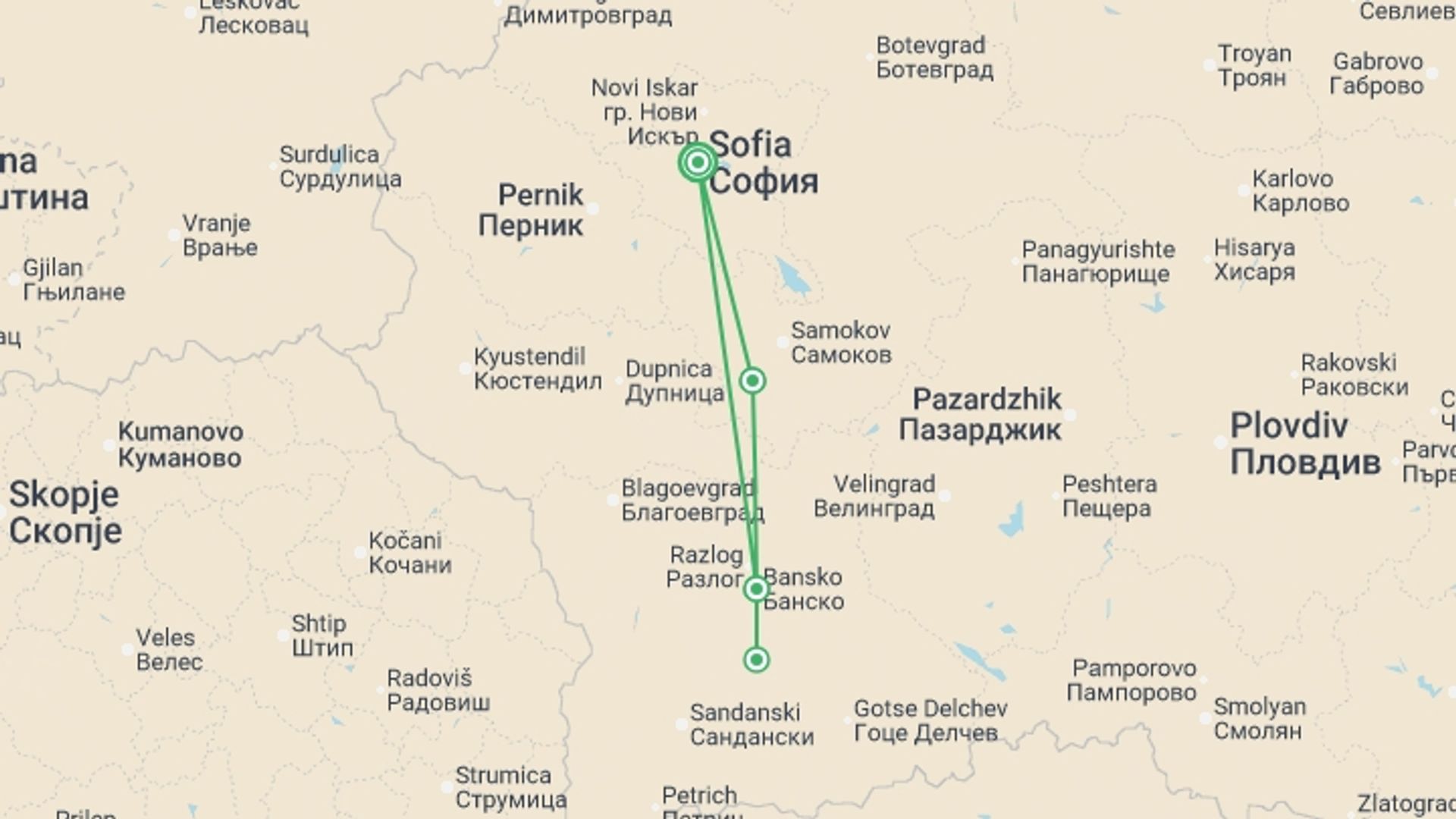 A map showing the tour itinerary for the trip: Bulgaria Mountains and Monasteries Guided Hike, starting in Sofia, Bulgaria and ending in Sofia, Bulgaria going through 3 other destinations.